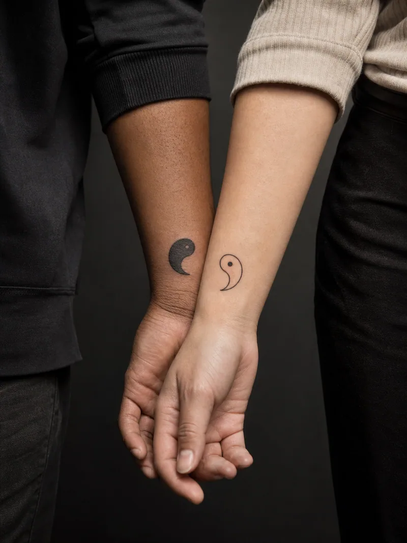 Split yin and yang tattoos - Separate yin and yang shapes remain readable alone and complete together.