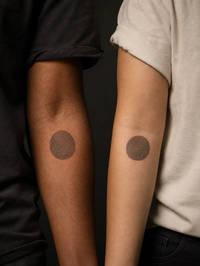 Fingerprint circle tattoos - Two distinct circular ridge patterns match in scale while staying individual.