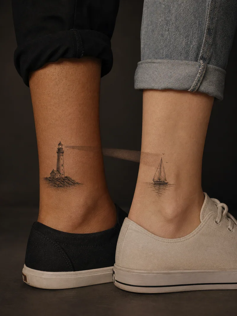 Lighthouse and sailboat tattoos - A sailboat heads toward the narrow beam of a companion lighthouse.