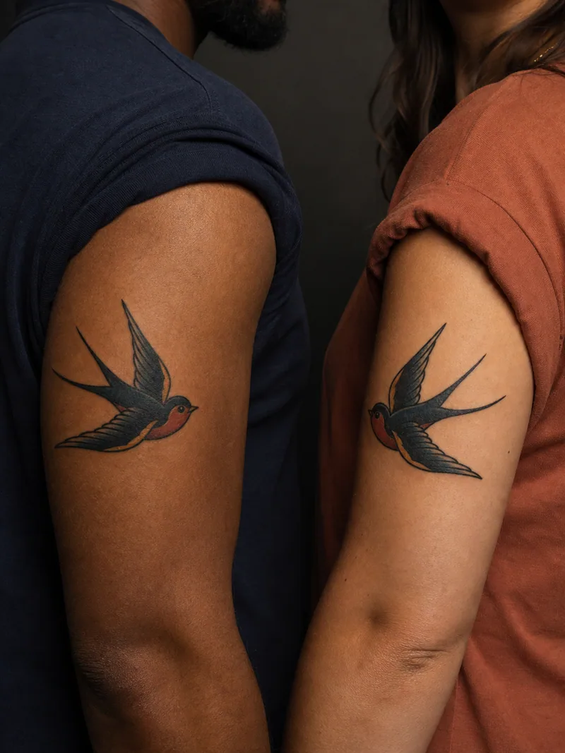 Matching swallow tattoos - Two classic swallows mirror their flight toward the center.