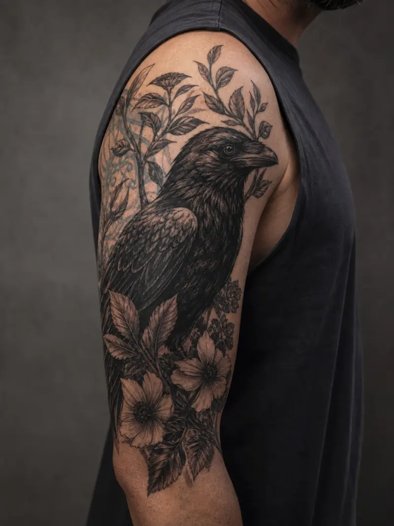 Blackwork raven and botanical cover-up tattoo on a man's upper arm