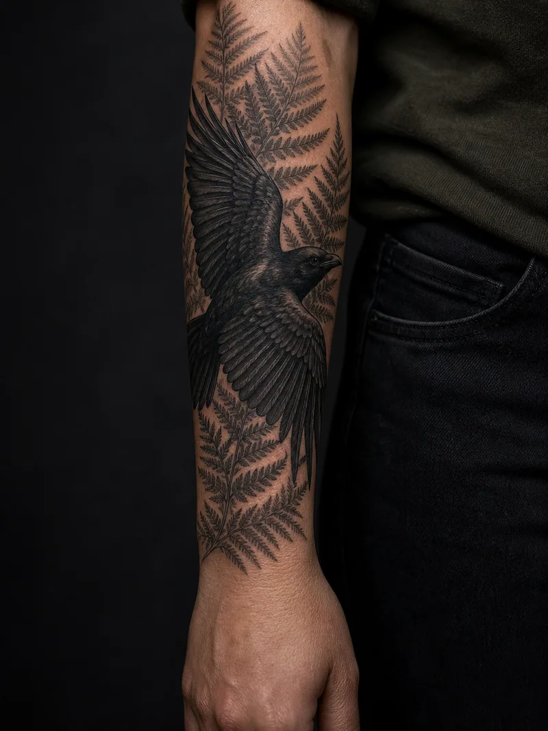 Raven and fern cover-up - Dark wing feathers and layered fronds suit narrow lettering or uneven linework.
