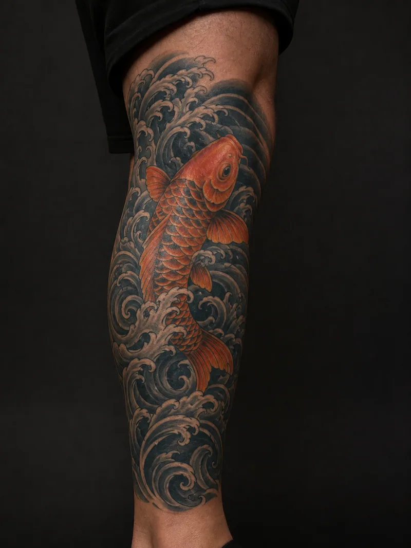 Koi wave cover-up tattoo - Dense waves and scale patterns provide several places to absorb old color.