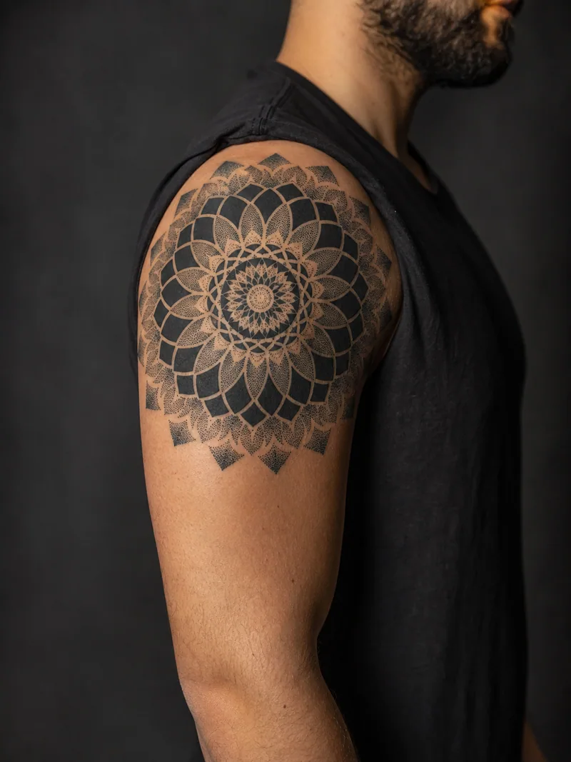 Mandala shoulder cover-up - Solid petals and dotwork rings work around a centered circular tattoo.