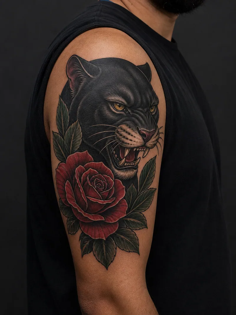 Panther cover-up tattoo - Deep fur, a red rose and dark leaves can cover a bold old motif.