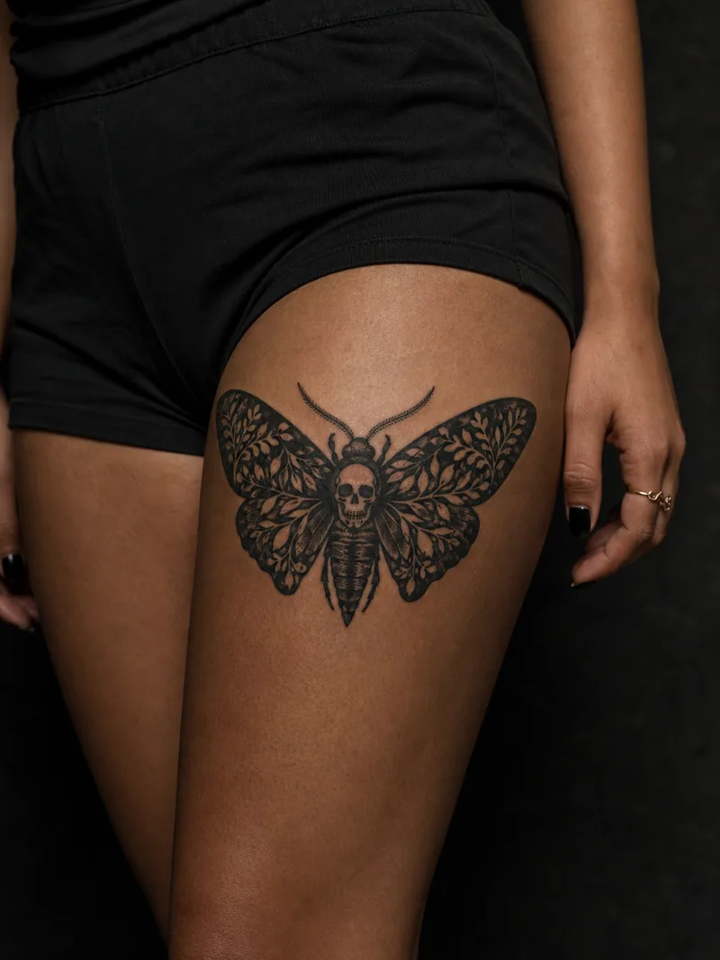 Moth cover-up tattoo - Broad symmetrical wings offer dense coverage for a wide horizontal design.