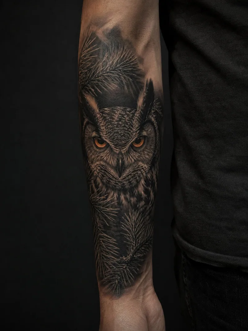 Owl cover-up tattoo - Feather shadows and pine needles can integrate irregular dark remnants.
