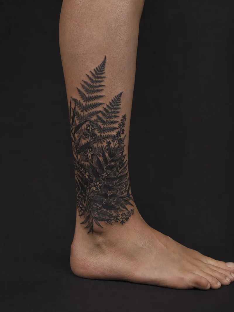 Fern ankle cover-up - Overlapping fronds wrap around a small ankle band or scattered symbols.