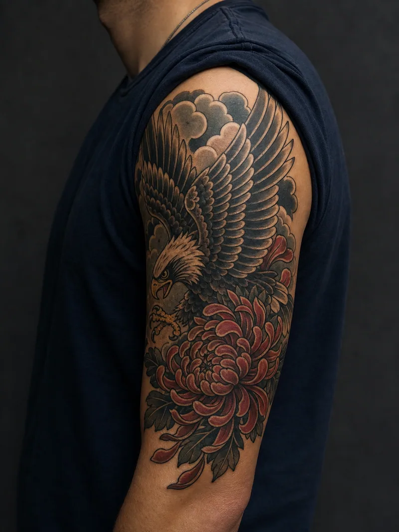 Eagle cover-up tattoo - Dark wings and a chrysanthemum create several strong blocks over old color.