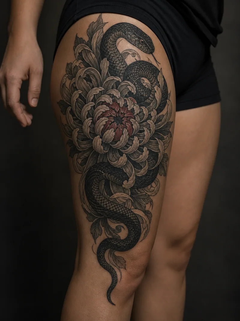 Snake flower cover-up - Dark scales and layered petals can break up a dense vertical tattoo.