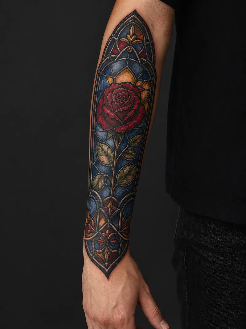 Stained-glass rose cover-up - Thick framework and saturated panels suit an older colored forearm piece.