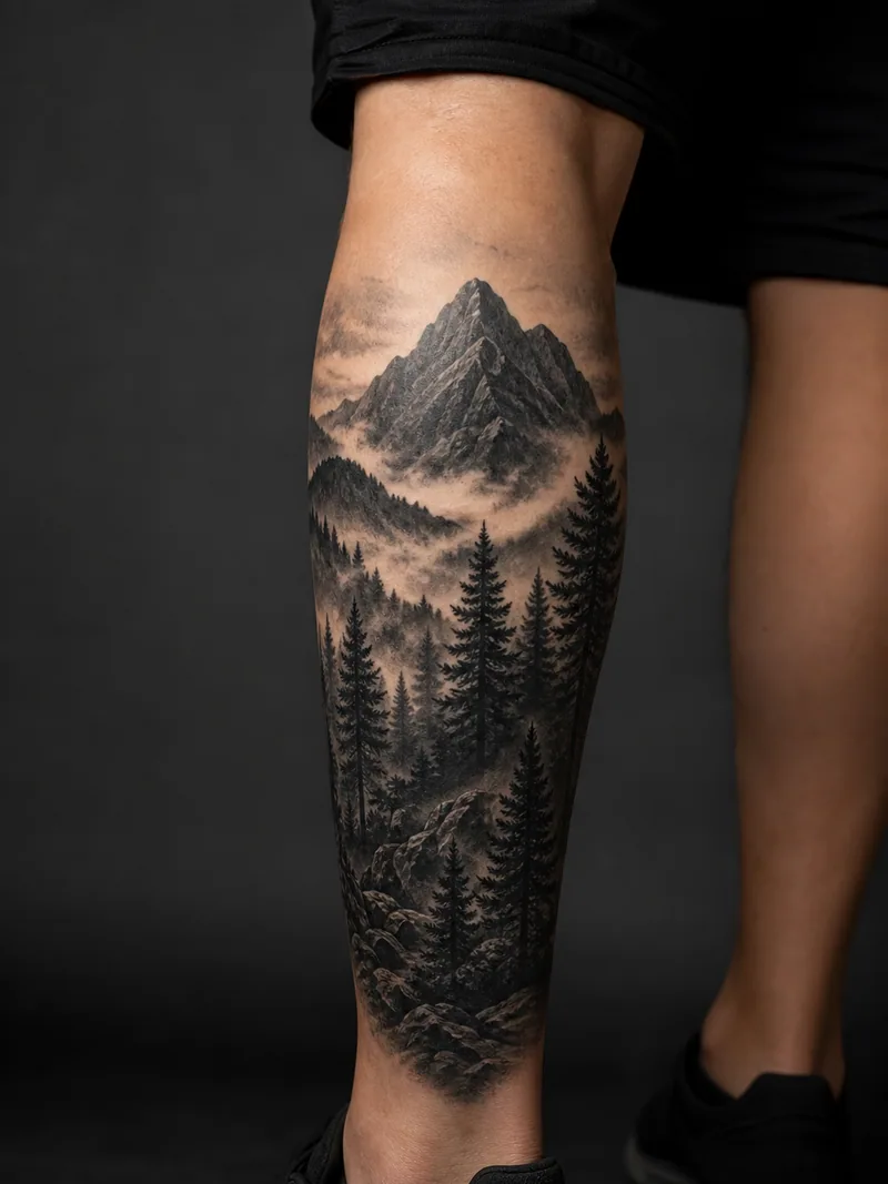 Forest cover-up tattoo - Layered pines and a dark mountain conceal a tall, uneven calf design.