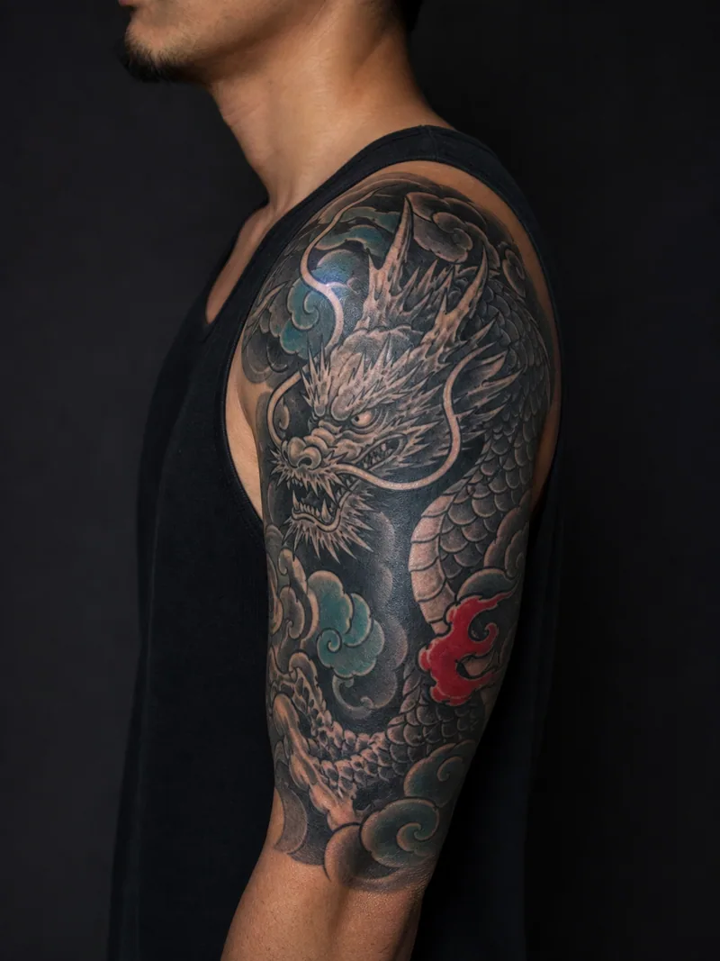 Dragon shoulder cover-up - Scales, clouds and the dragon head provide dense coverage across the cap.