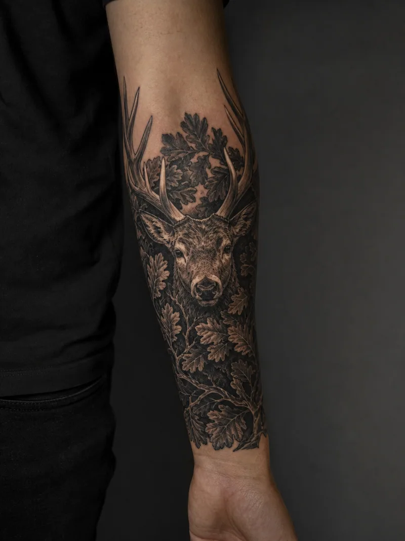Stag cover-up tattoo - Antlers and dense oak leaves can surround and absorb scattered old lines.