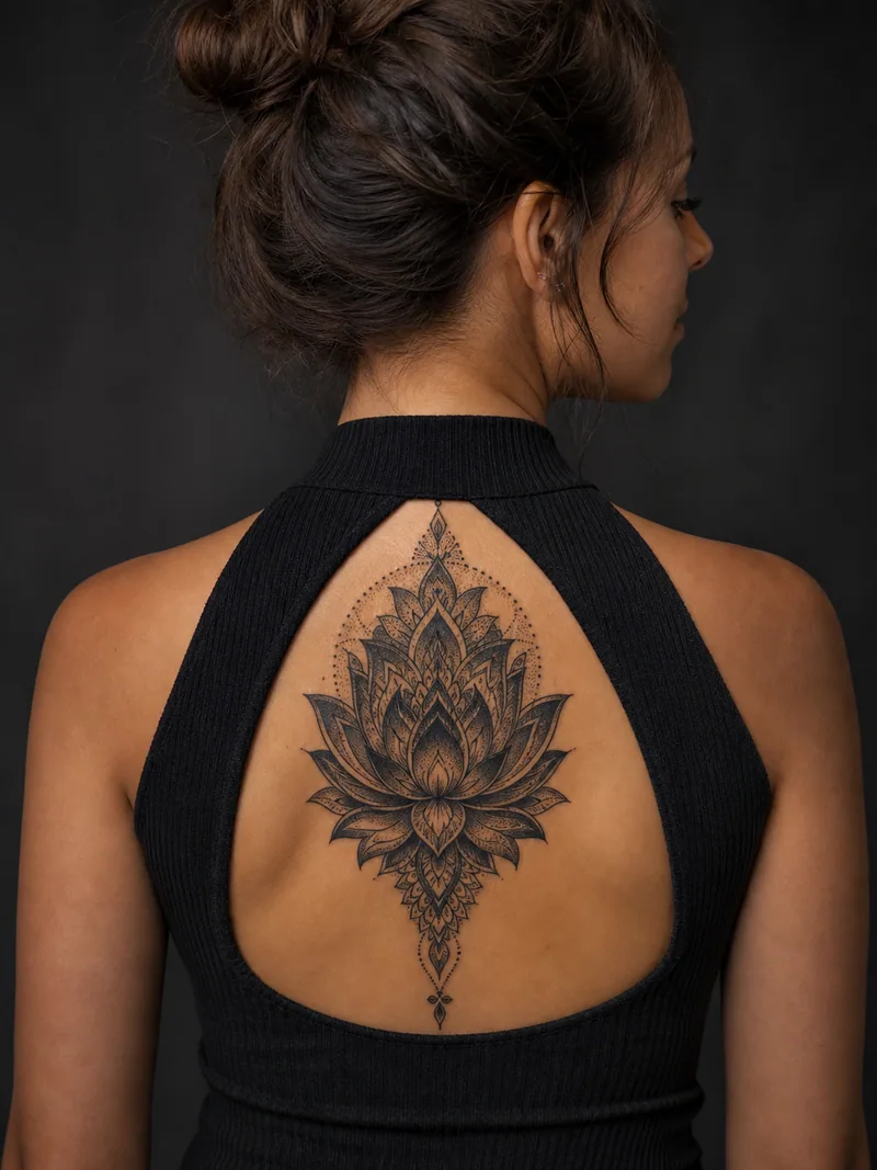 Lotus upper-back cover-up - Layered solid petals suit a centered symbol between the shoulder blades.