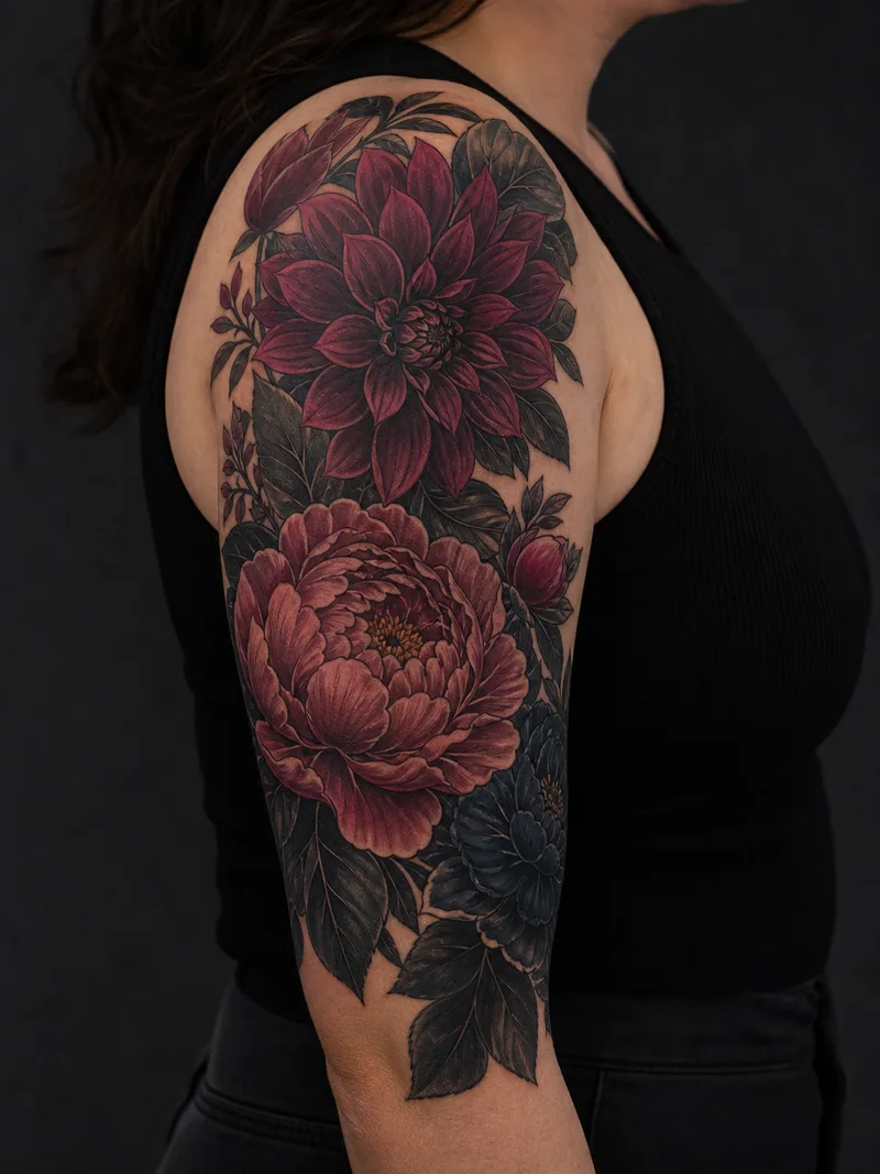 Floral half-sleeve cover-up - Overlapping flowers and leaves cover several nearby tattoos as one panel.