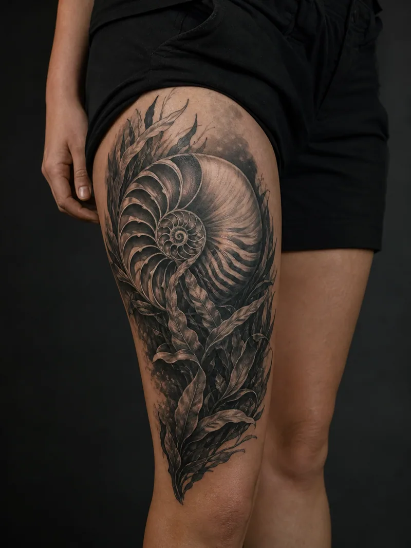 Nautilus cover-up tattoo - Deep shell chambers and seaweed suit a rounded dark thigh tattoo.