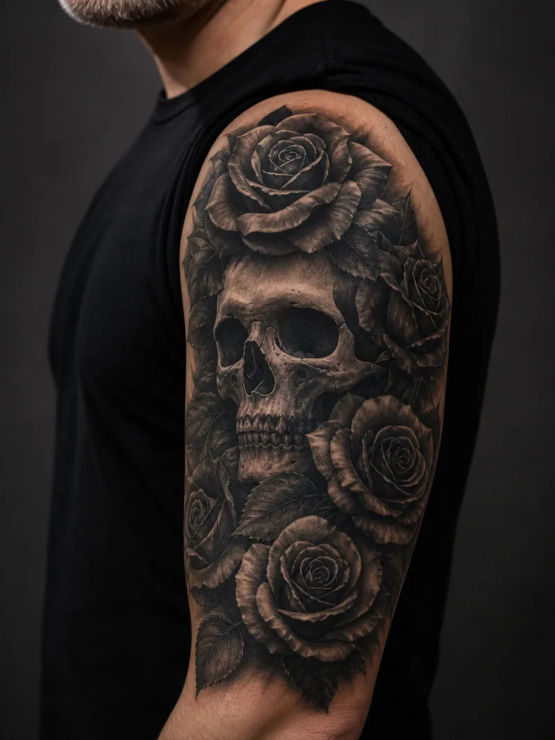 Skull and rose cover-up - Cranial shadows and dark rose petals provide broad tonal coverage.