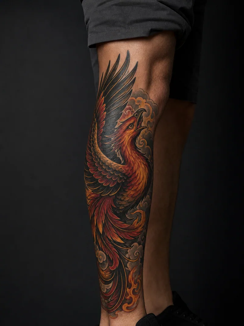 Phoenix cover-up tattoo - Layered flame feathers can cover a long old calf composition.