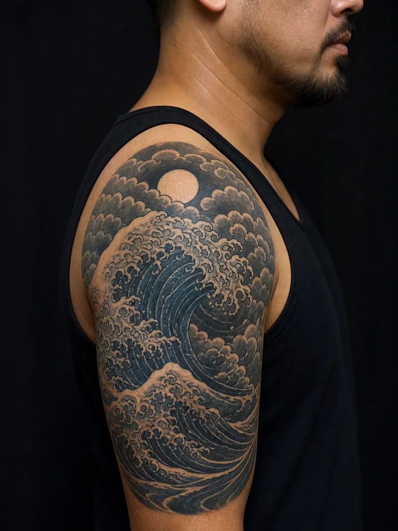 Storm wave cover-up - Dense water and cloud bars wrap an older shoulder tattoo from several angles.