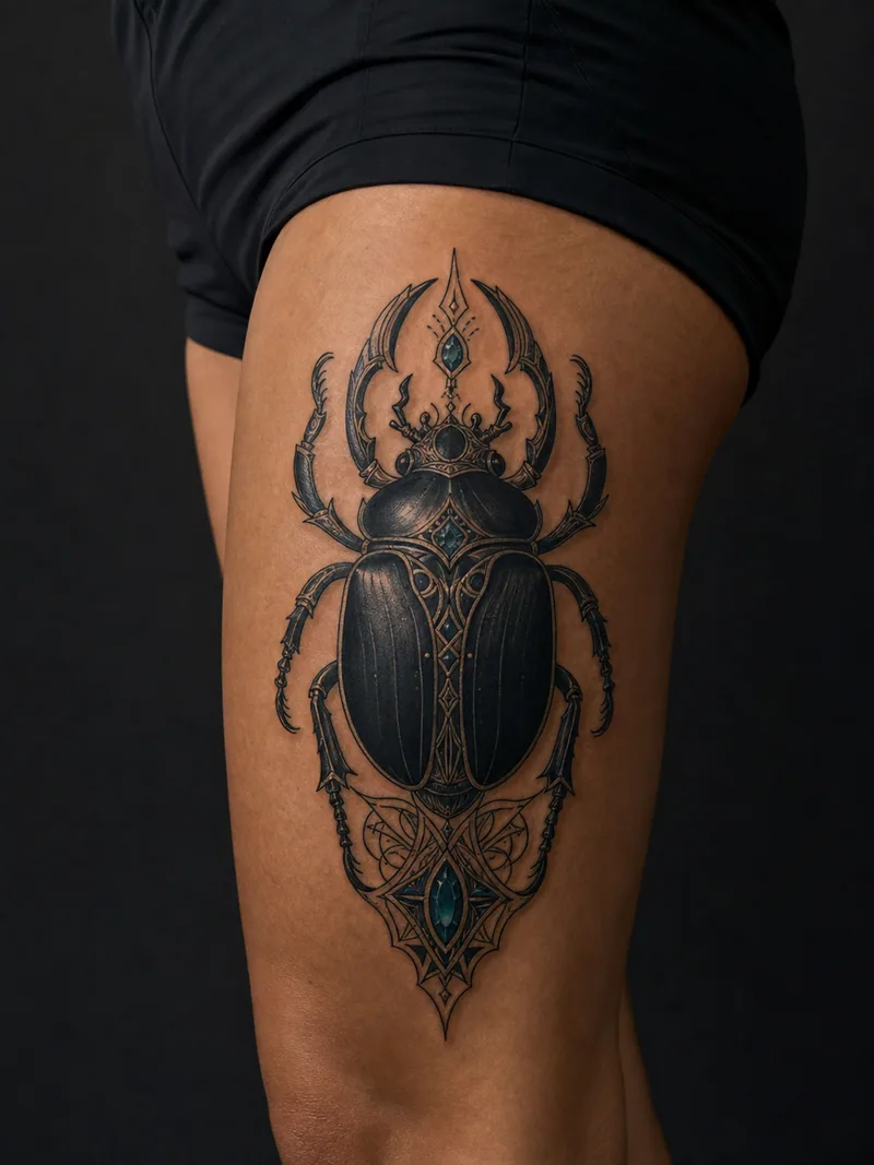 Scarab cover-up tattoo - Solid wing cases and filigree can conceal a centered vertical motif.