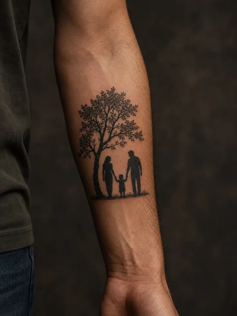Family silhouette tattoo beneath a tree on a man's forearm