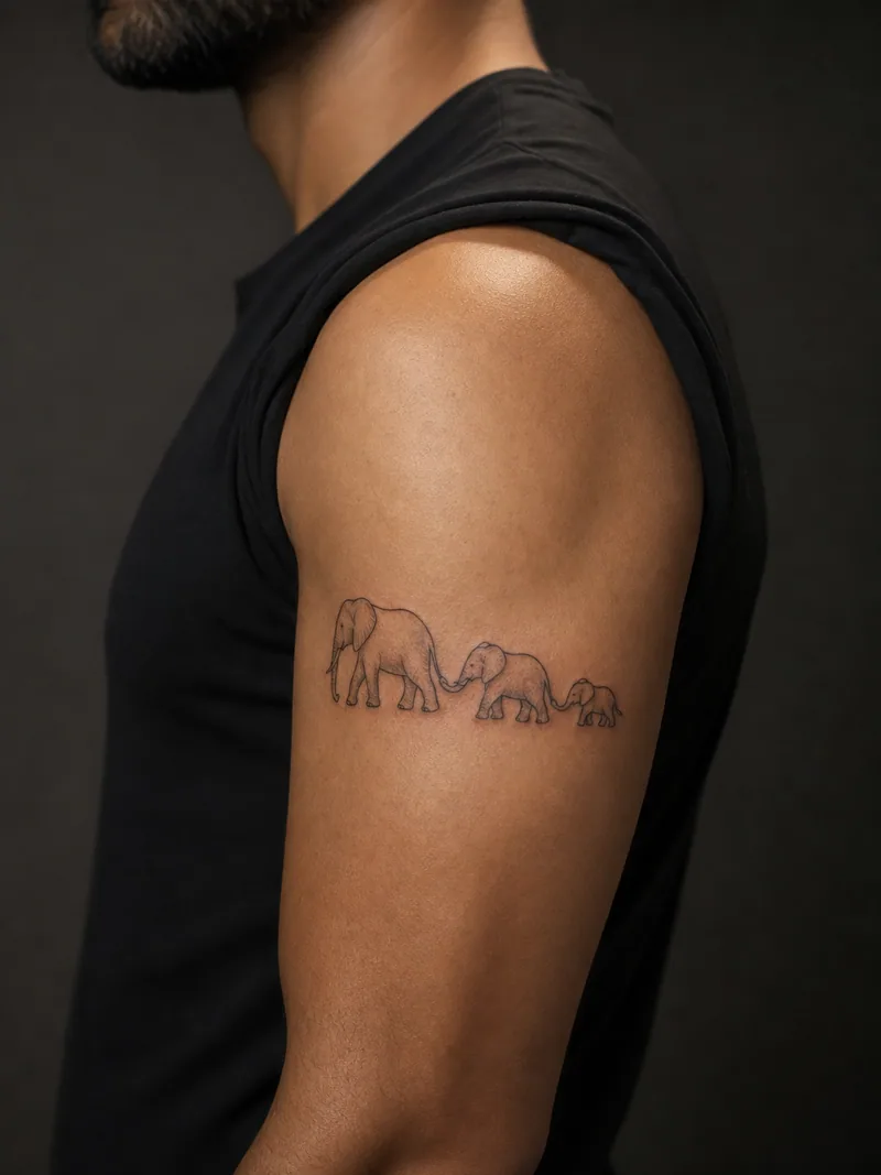 Elephant family tattoo - Three elephant silhouettes move together with gently linked trunks.