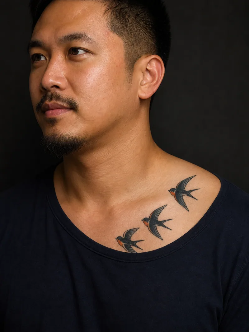 Three swallow family tattoo - Three classic swallows rise in a loose arc near the shoulder.