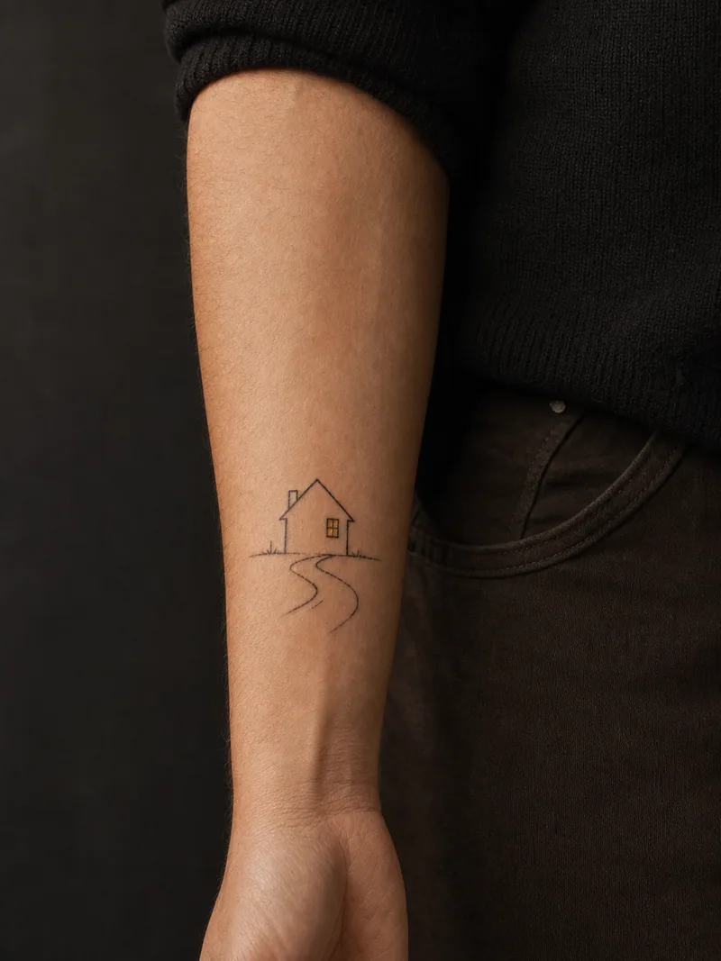 Home outline tattoo - A simple house, one lit window and a short path represent home without text.