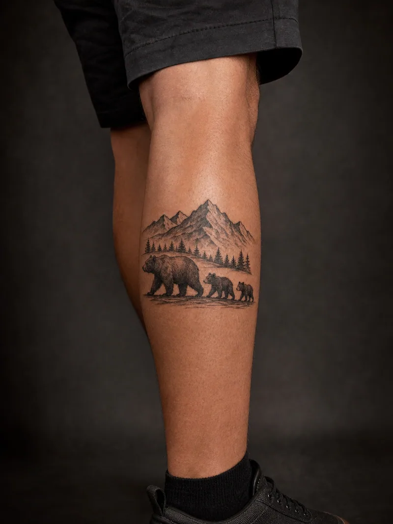 Bear family tattoo - One large bear and two smaller silhouettes cross below a mountain ridge.
