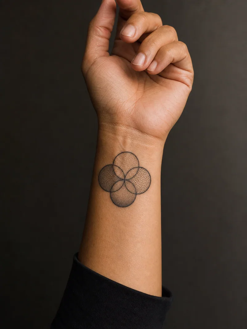 Interlocking circle tattoo - Four circles overlap while retaining different subtle dot textures.