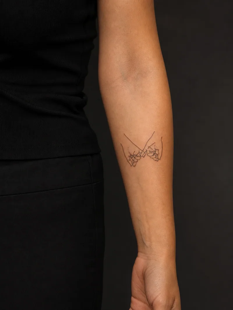 Linked hands tattoo - Two stylized hands link by their little fingers in a light open drawing.