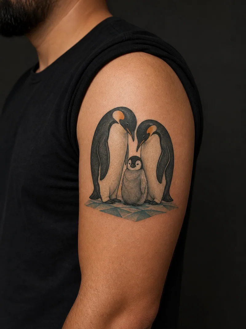 Penguin family tattoo - Three penguins gather on a small ice-blue ground shape.