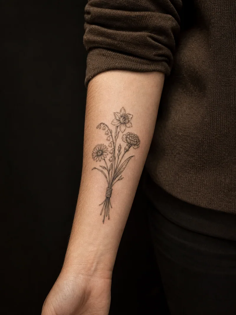 Four birth flower tattoo - Four different birth flowers gather into one bouquet tied by a simple cord.