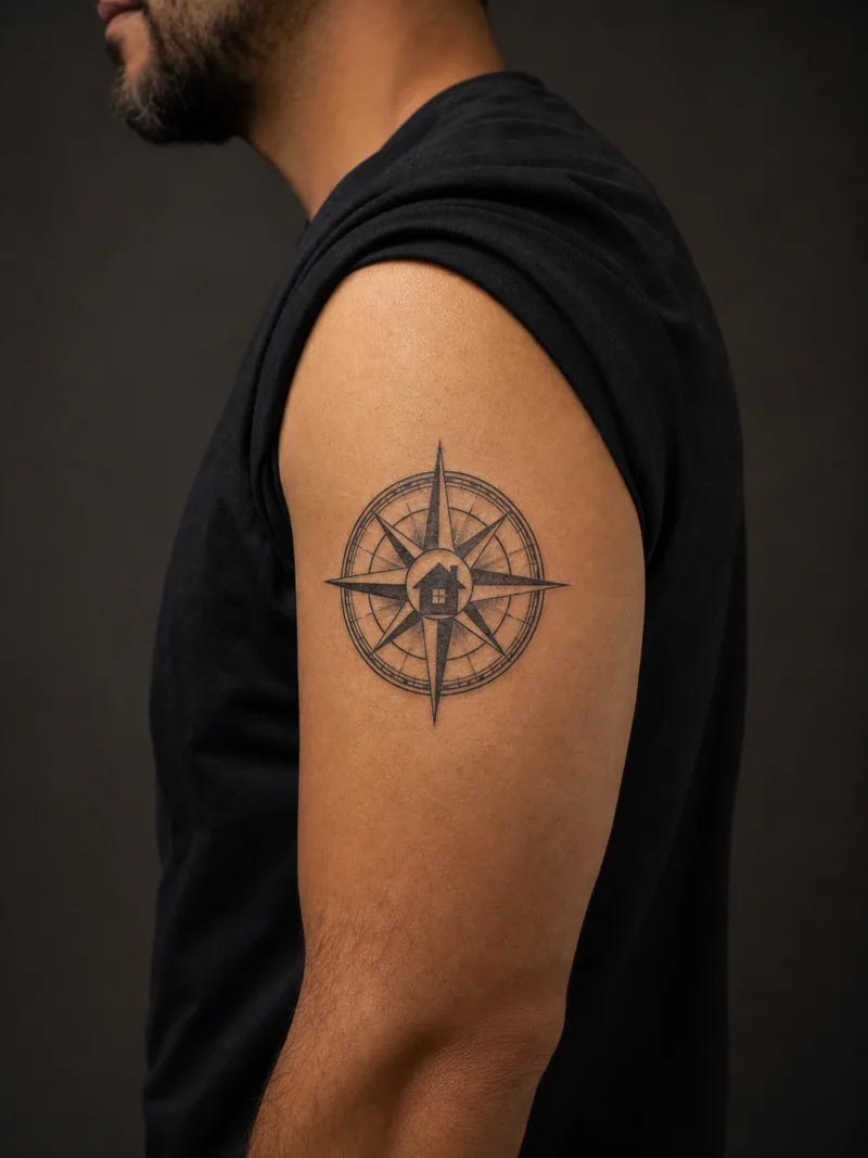 Home compass tattoo - A tiny house replaces the center of an engraved compass without labels.