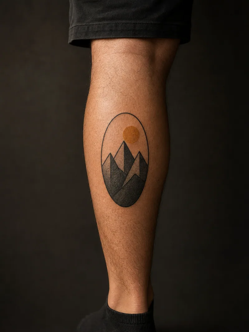 Three peaks tattoo - Three connected peaks of different heights sit beneath one ochre sun.