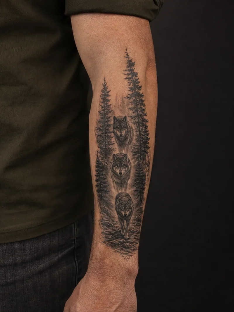Wolf pack tattoo - Three wolf silhouettes move through a narrow stand of pine trees.