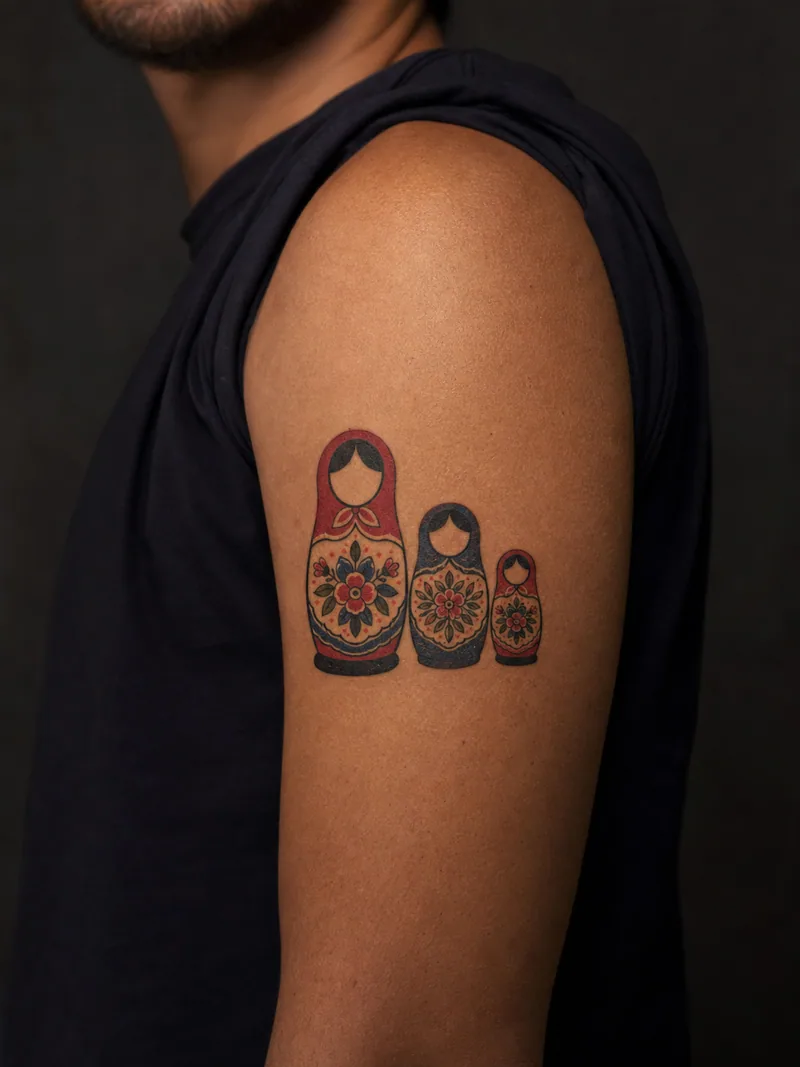 Nesting doll family tattoo - Three nesting dolls step down in scale through one cohesive folk palette.