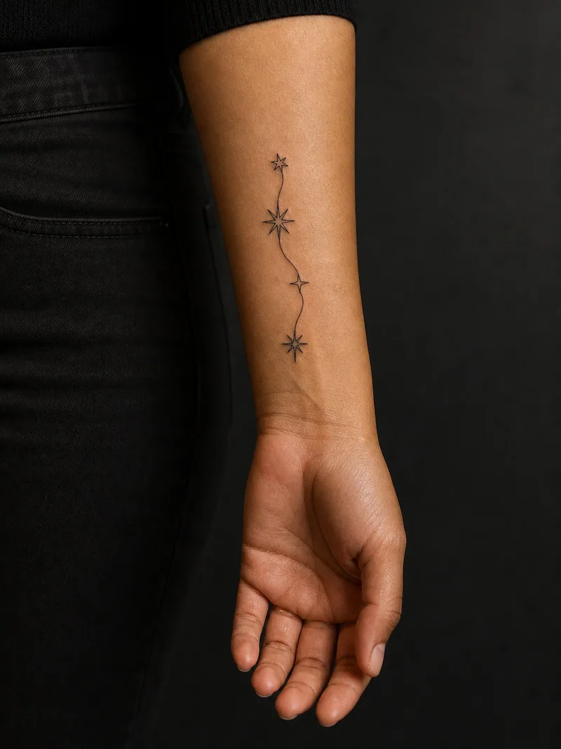 Connected stars tattoo - Four distinct stars connect through one loose curved line.
