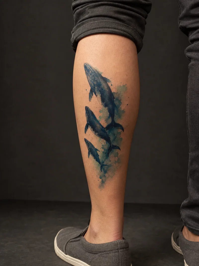 Whale family tattoo - Three whale silhouettes swim upward through restrained teal water washes.