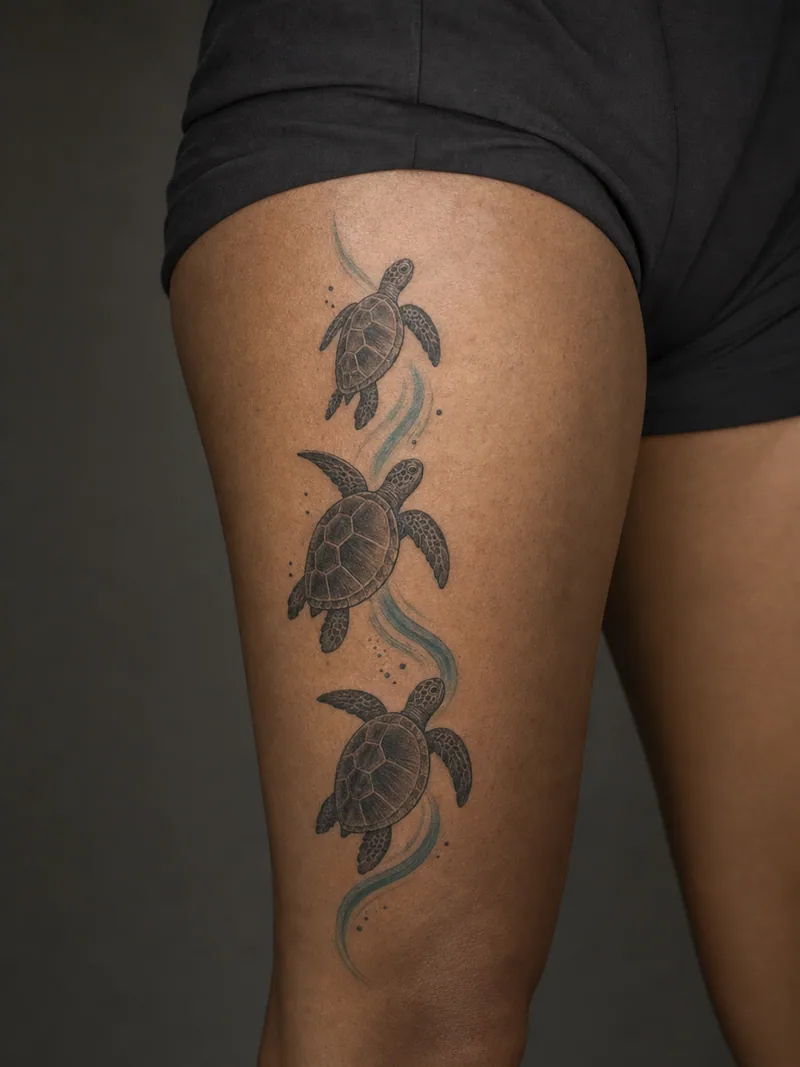 Sea turtle family tattoo - Three turtles follow one vertical current with individually patterned shells.