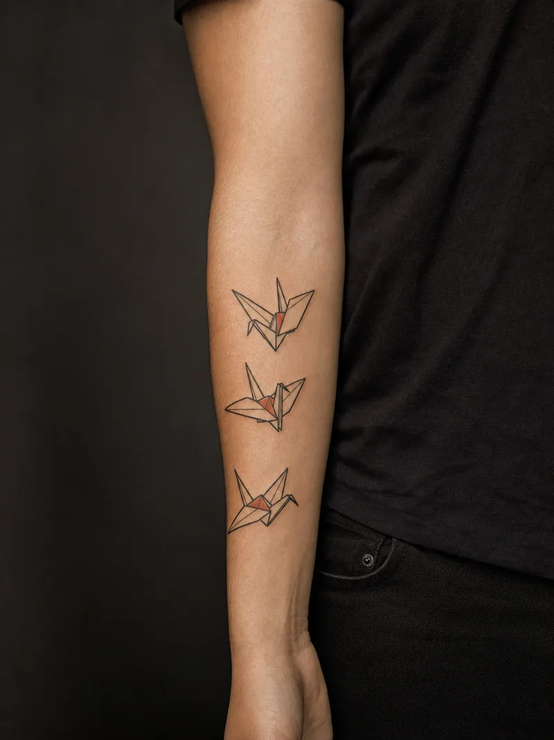 Three origami cranes tattoo - Three paper cranes show different stages of flight with one rust fold each.