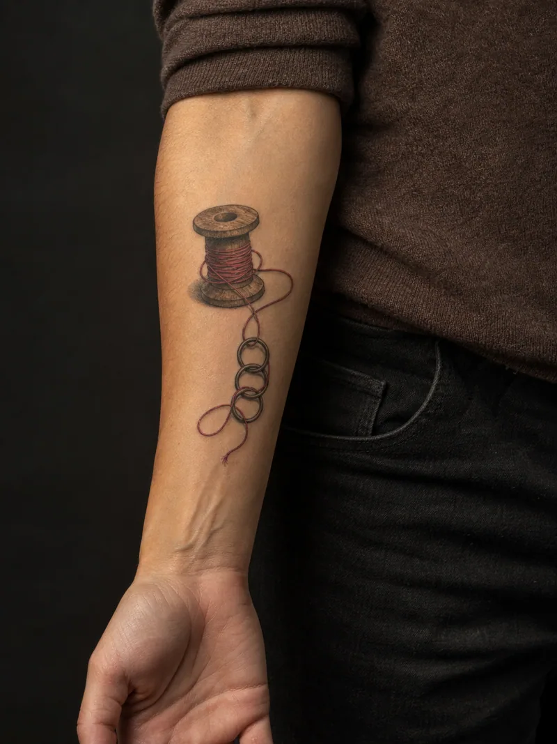 Family thread tattoo - Red thread from a wooden spool loops through three small rings.