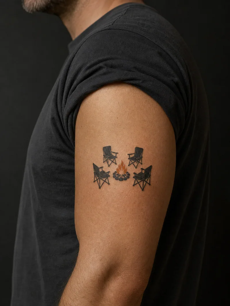 Family campfire tattoo - Four simple chairs gather around a small ochre campfire.