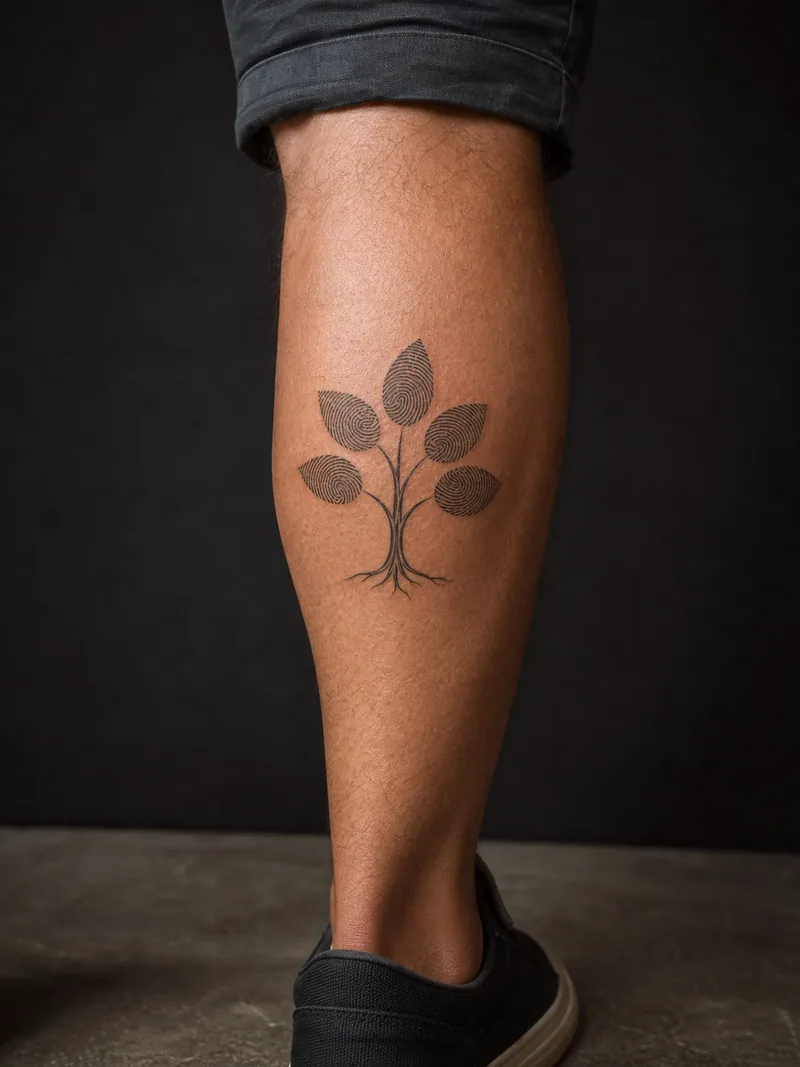 Fingerprint leaf tree tattoo - Five leaves carry different ridge patterns on one slender tree.