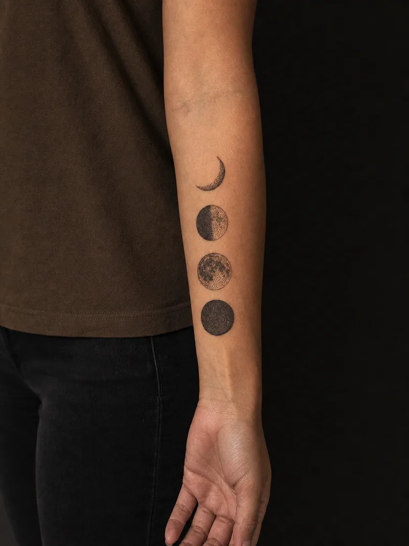 Four moon phases tattoo - Four clearly different lunar phases create a calm vertical sequence.