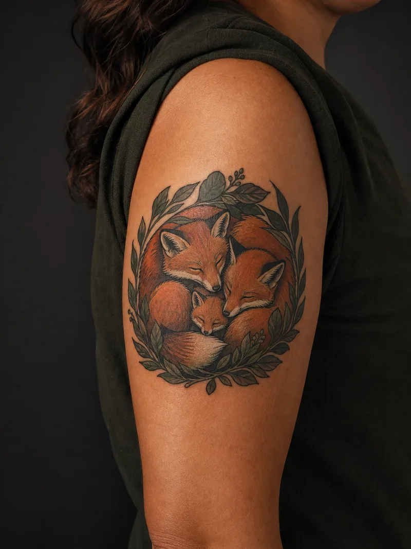Fox family tattoo - Three foxes curl into a circular sleeping group framed by leaves.