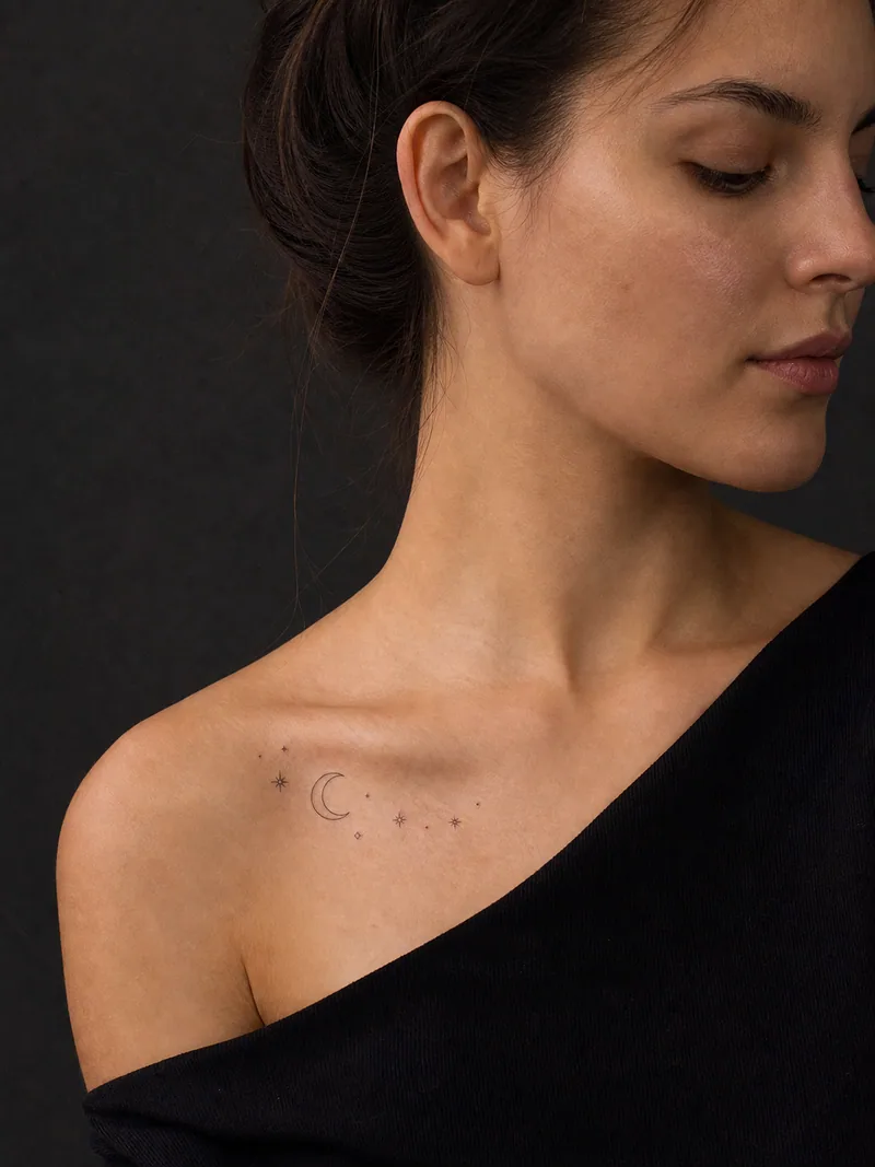 Fine-line moon and stars tattoo - A slim crescent and spaced stars follow the collarbone curve.