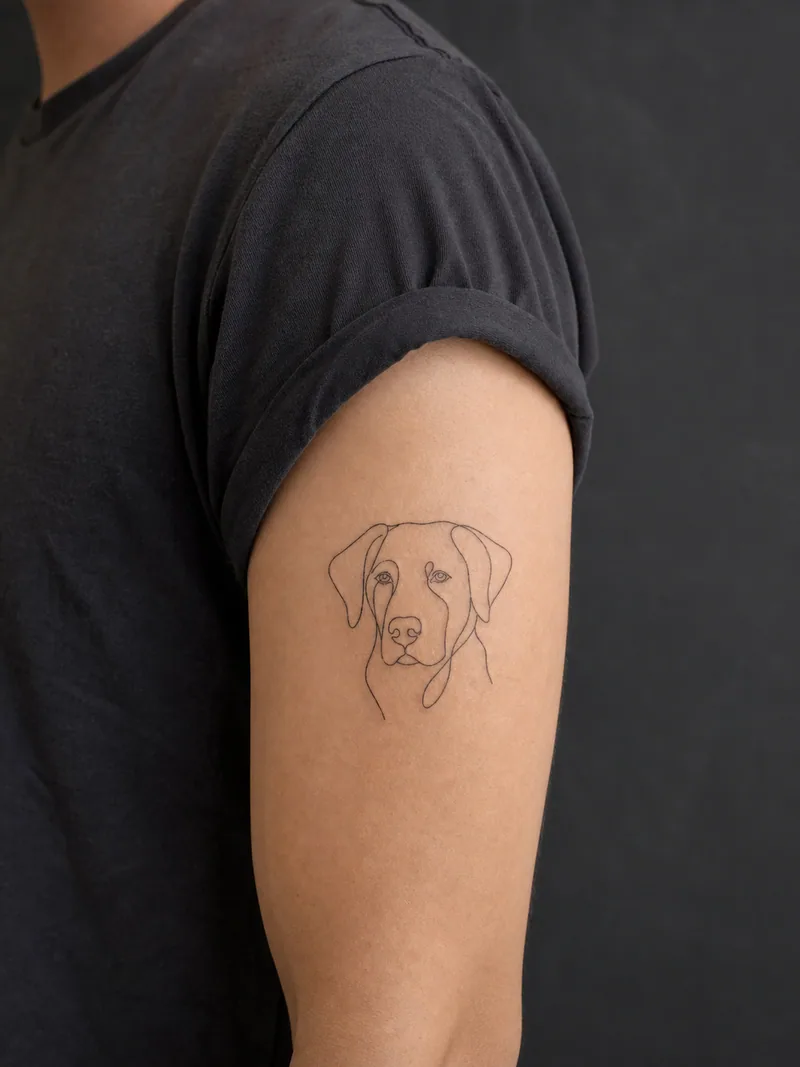 Fine-line dog tattoo - One clean contour builds a recognizable dog portrait.