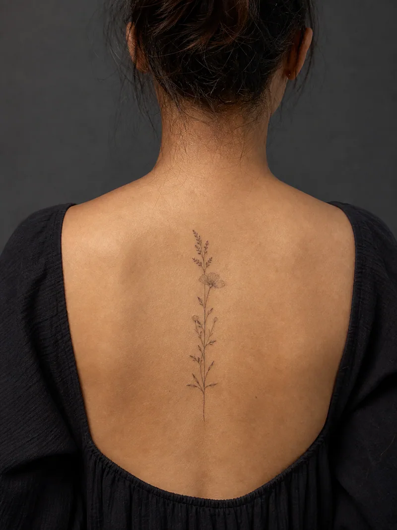 Fine-line spine flower tattoo - A vertical wildflower stem follows the center of the upper back.